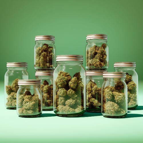 Wholesale 2 A bunch of glass jars filled with Thai grown cannabis ready for wholesale.