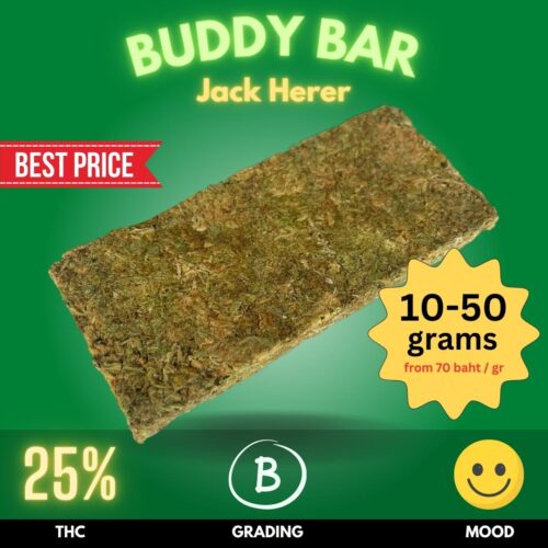 Introducing the Buddy Bar - a game-changer in the cannabis world. Unlike traditional brick weed, the Buddy Bar is meticulously crafted from pure, top-quality buds of the renowned Jack Herer strain.