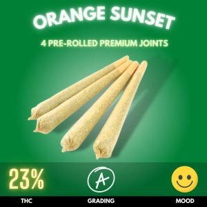 Orange Sunset pre-rolled joint 4-pack, a vibrant blend of Blue Sunset Sherbert, Blue Cinderella 99, and Orange Sherbert