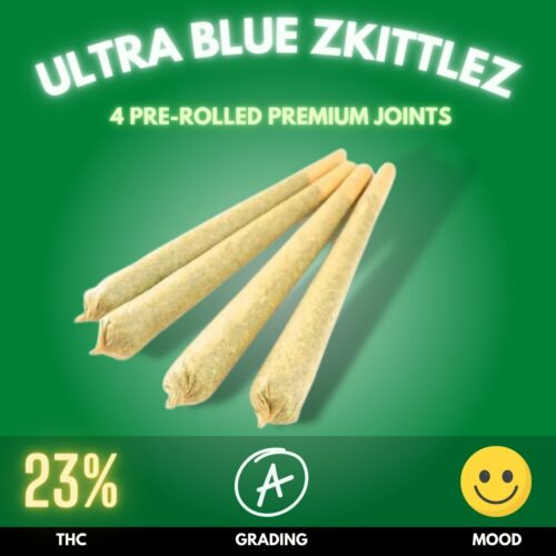 Ultra Blue Zkittlez pre-rolled joint 4-pack. This extraordinary blend brings together Ultra White Amnesia, Blueberry Cheese, and Gorilla Skittlez