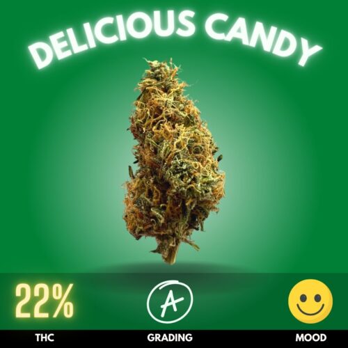 Delicious Candy. This indica-dominant hybrid with a THC level around 22%