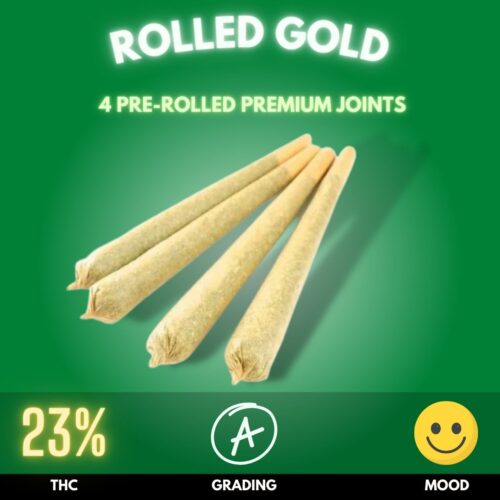 Rolled Gold pre-rolled joint 4-pack, a golden blend of the legendary Acapulco Gold and Columbian Gold strains