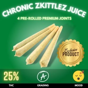 Chronic Zkittlez Juice pre-rolled indica joints.