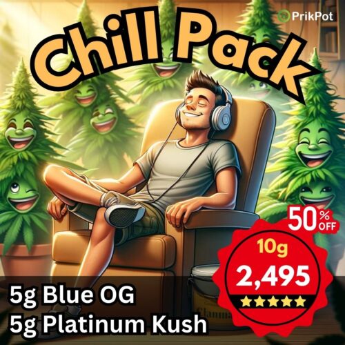 Chill Pack, a masterfully curated compilation that epitomizes the pinnacle of indoor cultivation. This exceptional offer features a harmonious blend of 5 grams of Platinum Kush and 5 grams of Blue OG