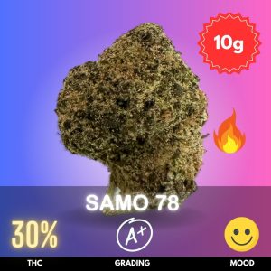 Samo 78 is an exotic hybrid strain, with a 70% Sativa and 30% Indica composition, and boasts an impressive 30% THC content