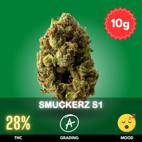 Smuckerz S1 is a unique Indica-dominant hybrid with a THC content typically around 28-32%