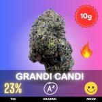 Grandi Candi typically features a moderate to high THC content, ranging from 18% to 24%,
