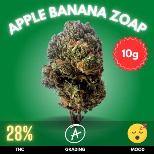 Apple Banana Zoap is a mesmerizing hybrid strain, born from the sweet union of Apple Fritter, Banana OG, and Zoap genetics