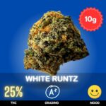 White Runtz is a celebrated hybrid strain resulting from the cross of Gelato and Zkittlez, offering a perfectly balanced 50% Indica and 50% Sativa profile. With a consistent THC level of 25%