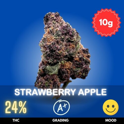 Strawberry Apple is a tantalizing hybrid strain that leans slightly Sativa-dominant, offering a well-balanced blend of cerebral stimulation and physical relaxation. With a THC content of 24%