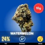 Watermelon is an Indica-dominant strain, celebrated for its soothing effects and fruity, melon-sweet aroma. This cultivar typically tests at 24% THC