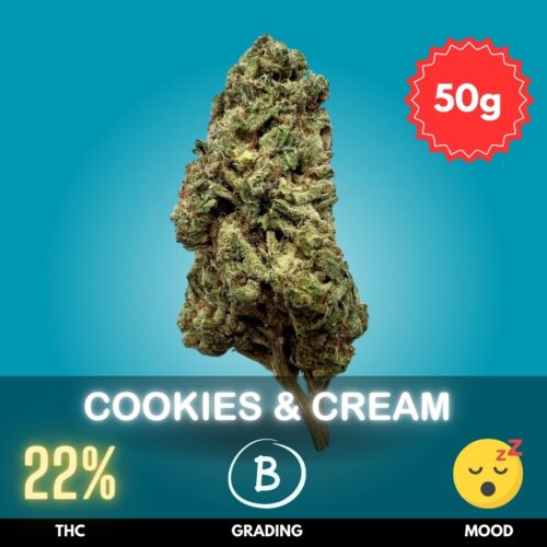 Cookies and Cream is a balanced hybrid strain, leaning slightly Indica, with a THC concentration averaging around 22%