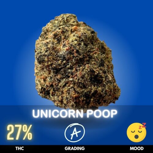 Unicorn Poop is a balanced hybrid strain with a slight Indica lean, typically featuring THC levels around 27%