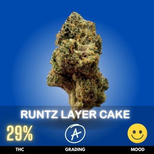 Runtz Layer Cake is a potent hybrid strain celebrated for its dessert-inspired aroma, colorful appearance, and deeply relaxing effects. This strain is typically Indica dominant, carrying THC level of a whopping 30%