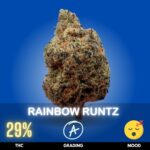 Rainbow Runtz is a highly sought-after Indica-dominant hybrid celebrated for its vibrant terpene profile, colorful appearance, and balanced yet potent effects