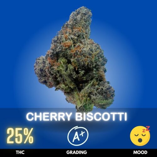 Cherry Biscotti is an indulgent hybrid celebrated for its dessert-inspired character, combining sweet cherry notes with creamy, baked-cookie richness and a touch of earthy spice. Commonly reported around 25% THC